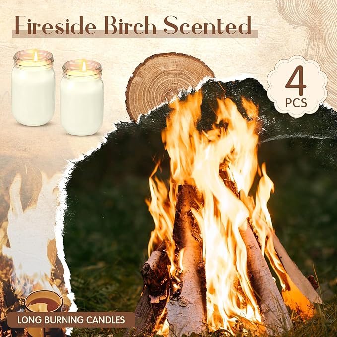 MTLEE 4 Pack 12 oz Mason Jar Soy Candle with Essential Oils Scented Soy Wax Candles for Home Valentine Christmas Wedding Birthday Gift Farmhouse Collection Baby Shower Party(Fireside Birch)