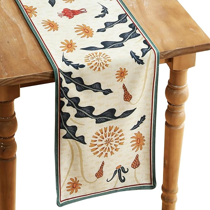 Beige Rectangular Christmas Table Runner 63 Inches Long,Farmhouse Linen Flower Table Runners with Orange and Red Floral,Fall Decorations for Home Thanksgiving Party.12*63"-Tijuana