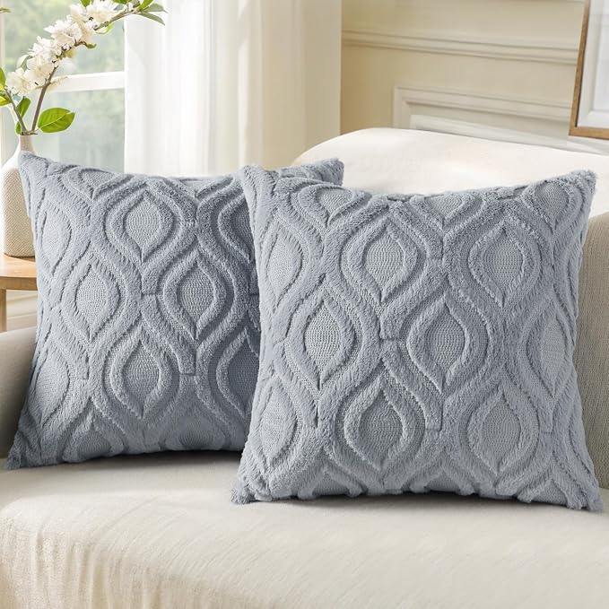 decorUhome Throw Pillow Covers 24x24 Inch Set of 2, Soft Plush Faux Wool Blue Grey Solid Couch Pillow Covers, Accent Farmhouse Neutral Square Pillow Cases for Sofa Bed Living Room