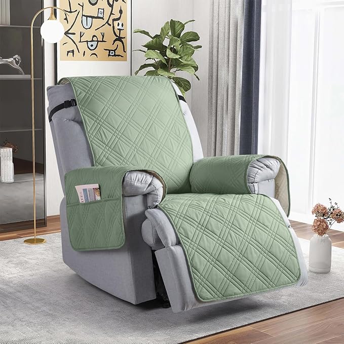 TAOCOCO Waterproof Recliner Chair Cover, Non Slip Oversized Recliner Covers for Recliner Chair with Pocket, Reclining Chair Cover Furniture Protector for Kids, Dogs(28'', Sage Green)