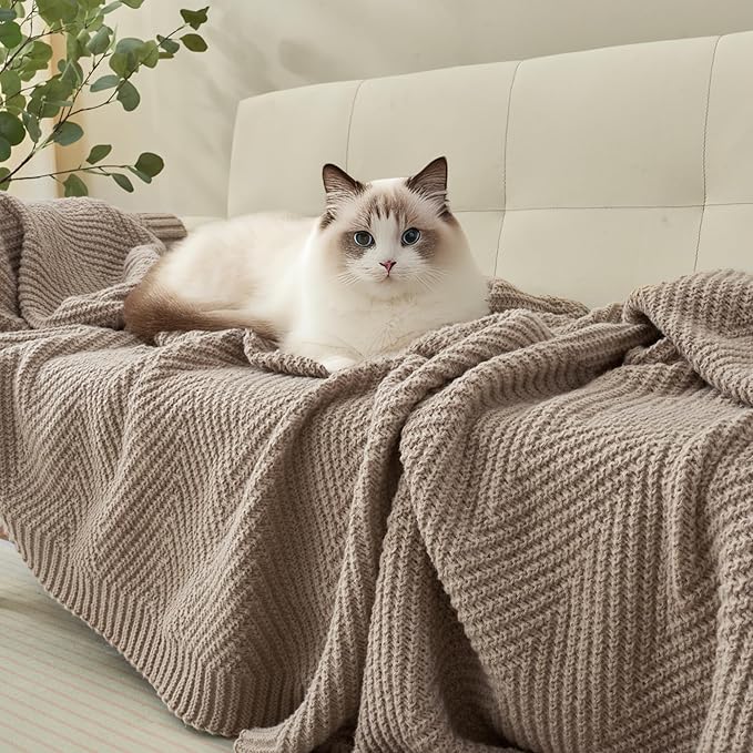 Knitted Throw Blanket 50"X60", Taupe Knit Throws for Bed, Super Soft Boho Chevron Blankets for Couch Sofa Chair Room Decor, Textured Decorative Farmhouse Cozy Lightweight