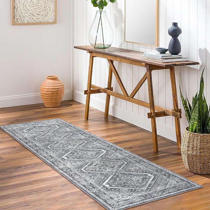 KUTA Oriental Washable Runner Rug, 2x7 Non-Slip Vintage Grey Hallway Kitchen Runners Soft Printed Distressed Tribal Farmhouse Floor Carpet Rugs for Laundry Bedroom Living Room