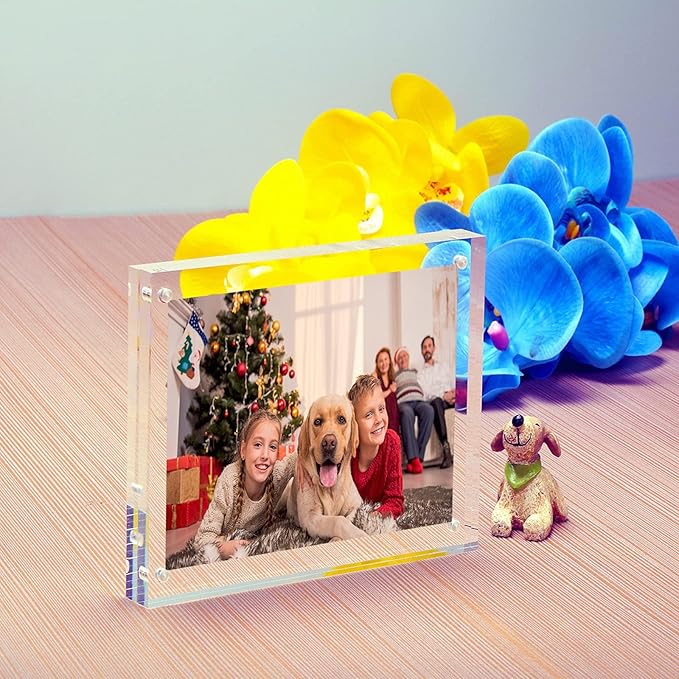 NIUBEE 4x4 Picture Frame, Acrylic Photo Frame 20% Thicker Block, Clear Frameless Acrylic Frames Double Sided，Magnetic frames for Desktop