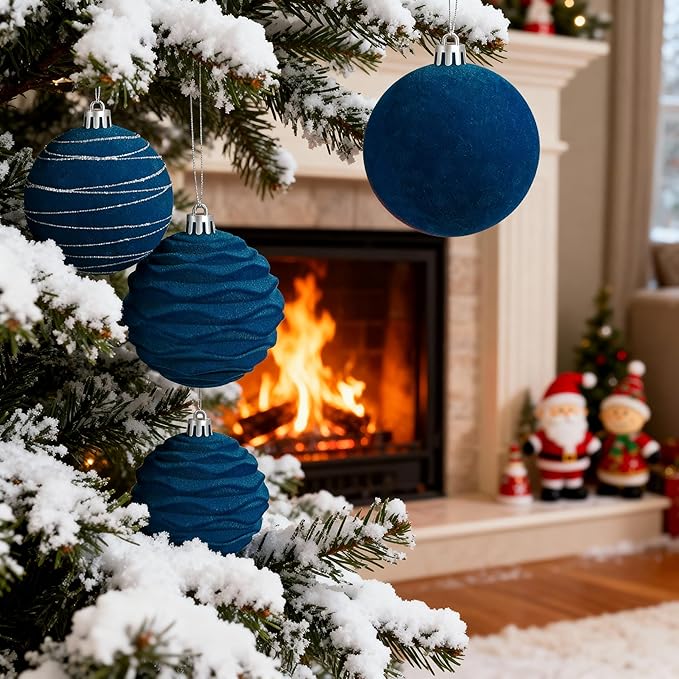 Artmag 6Pcs Velvet Christmas Ornaments Balls Sets for Christmas, Plastic Shatterproof Xmas Tree Flocked 3.94 inch Ornaments Balls for Winter Holiday Decor (Blue)