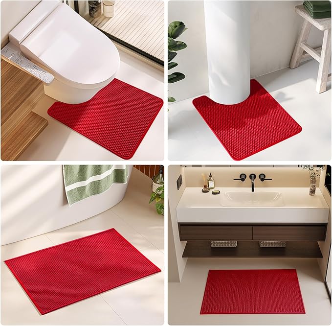Christmas Bathroom Rugs Non Slip Washable, Super Absorbent Thin Bath Mat Small Quick Dry Low Pile Bathroom Rug, Red 16"x24"