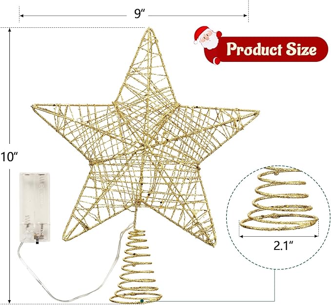 10Inch Christmas Tree Topper Star with LED Lights, Tree Toppers Christmas Tree Decoration, Glittered Metal Christmas Star for Christma Tree Ornament Decor