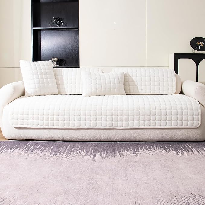 Velvet Couch Cover, Washable Sectional Sofa Cover, Anti Slip Sofa Slipcover for 3 Cushion Couch Sofa L Shaped Armrest Backrest, Furniture Protector Covers for Pets Kids(White, Only 1 PCS)