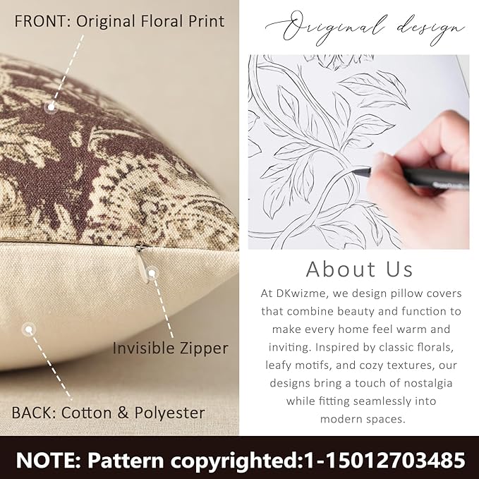 Vintage Floral Print Throw Pillow Covers 24x24 Set of 2 Neutral Modern Farmhouse Pillowcase Accent Decorative Cushion Covers Boho Home Decor for Couch Sofa Chair Bed Living Room, Oxblood