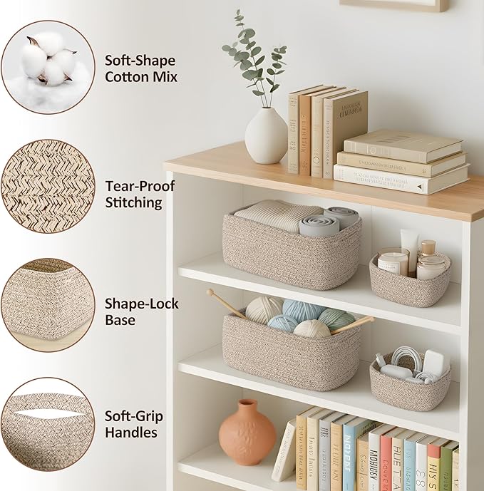 5-Pack Small Woven Rope Storage Baskets – 2 Sizes Organizer Bins for Closet, Shelf, Bookshelf, Nursery, Changing Table, Fabric Cube Boxes, Rectangular Shallow Bins for Bathroom, Toy & Home
