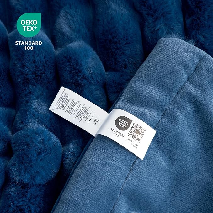 Cozy Bliss Faux Fur Throw Blanket for Couch, Cozy Warm Plush Striped Blanket for Sofa Bedroom Living Room, 50 * 60 Inches Navy Blue