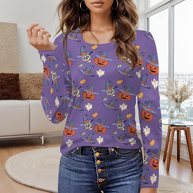 Halloween Sweatshirt Ghost Graphic U-Neck Sweatshirt Long Sleeve Breathable Plus Size Halloween Pullover Best Gift