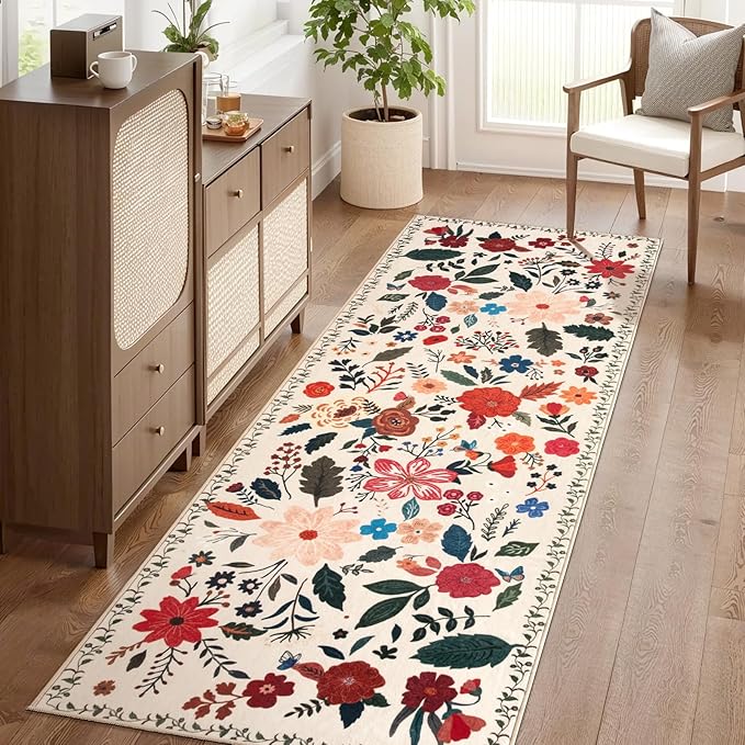 Tangsoo Runner Rug for Hallways Kitchen Rug, Non Slip 2x6 Washable Boho Floral Rug Runner for Entryway, Low Pile Carpet Door Mat Indoor Entrance for Kids Room Bedroom Laundry Office(White/Beige)