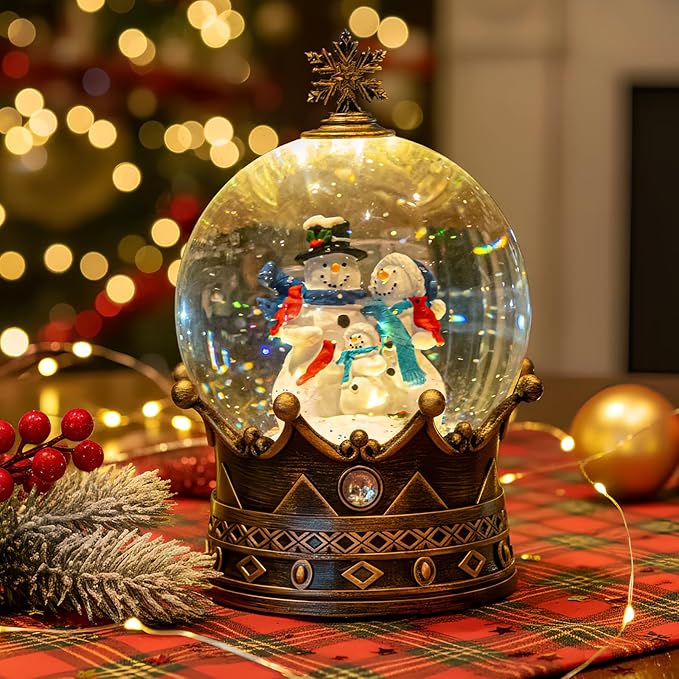 Christmas Snow Globe Lantern Water Glittering Snowman Family Crown with Music, USB Lined/Battery Operated Lighted Lantern for Christmas Festival Decoration Gifts
