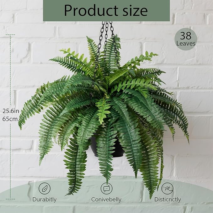 Fake Ferns Artificial Ferns for Outdoors 4Pack Large Faux Ferns UV Resistance for Outdoor Large Planter Realistic Artificial Boston Fern Plants for Garden Balcony Terrace Decor，25.6In,38Leaves
