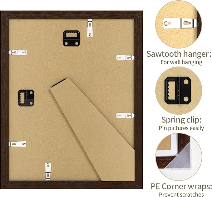 8.5x11 Picture Frame - 8.5 x 11 Photo Frame Made of Solid Oak Wood and Real Glass,Display Picture 2 Opening 5x7 with Mat or 8.5x11 Without Mat for Wall & Tabletop(Color Walnut)