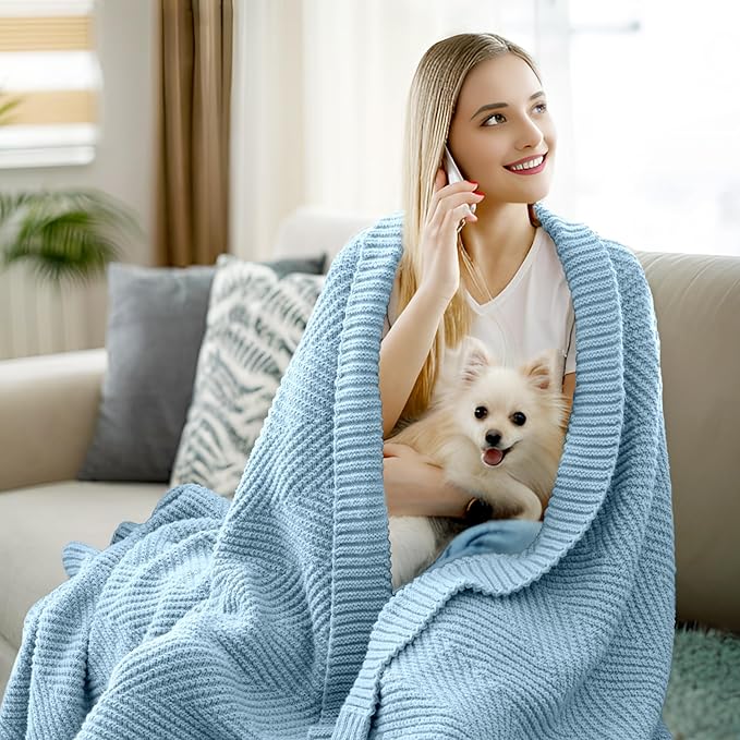 Knitted Throw Blanket 60"X80", Light Blue Knit Throws for Bed, Super Soft Boho Chevron Blankets for Couch Sofa Chair Room Decor, Textured Decorative Farmhouse Cozy Lightweight