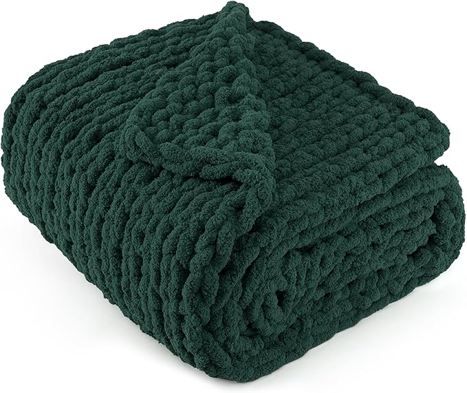 Chunky Knit Throw Blanket 60"X 80", 100% Handmade with Soft Chenille Yarn, 4.4lbs Thick Cable Knitted Blankets, Large Rope Knot Crochet Throws for Couch Sofa Bed Home Decor, Dark Green