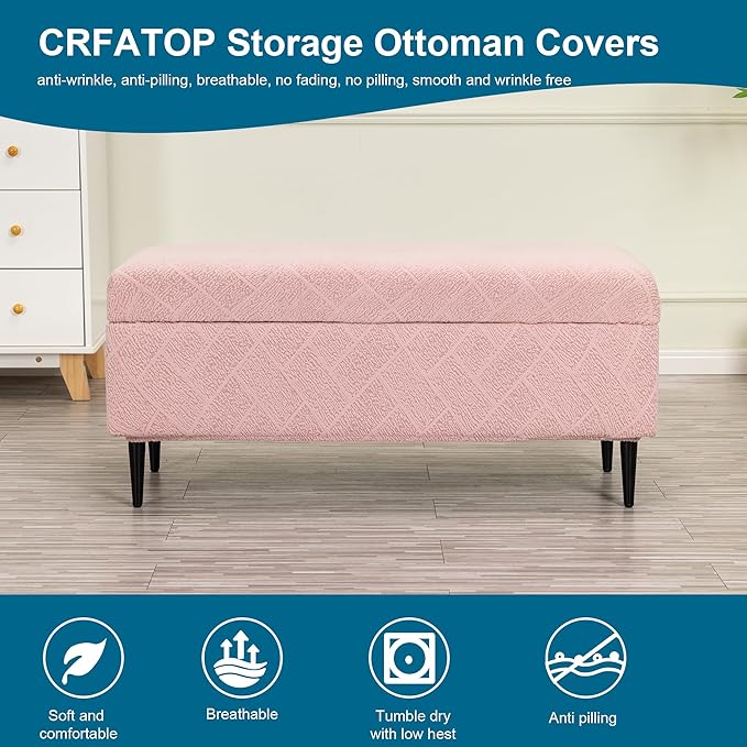 CRFATOP Jacquard Rectangle Ottoman Stool Cover Stretch Folding Storage Footstool Bench Slipcovers Upholstered Foot Chest Chair Covers Washable Entryway Furniture Protector with Elastic Bands,S,Pink