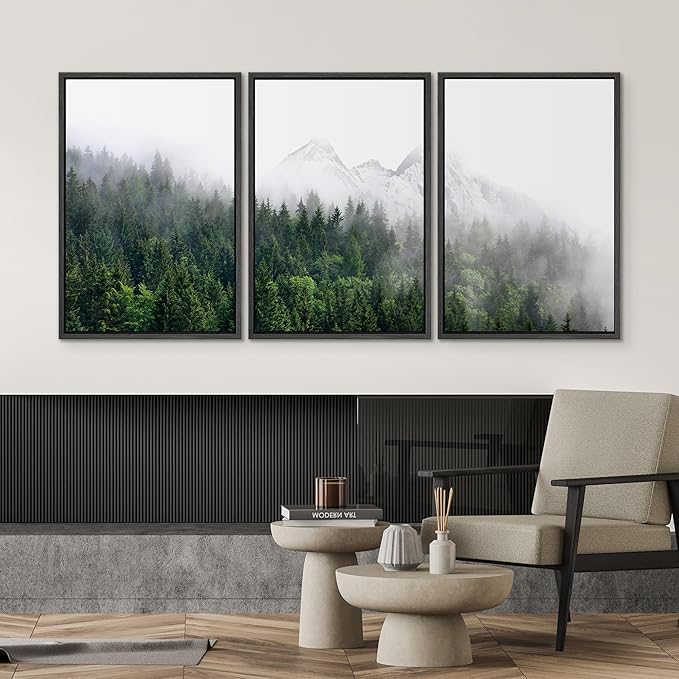SIGNWIN Framed Canvas Print Wall Art Set Winter Mountain Misty Forest View Nature Wilderness Photography Modern Art Rustic Landscape Relax/Calm for Living Room, Bedroom, Office - 16"x24"x3 Black