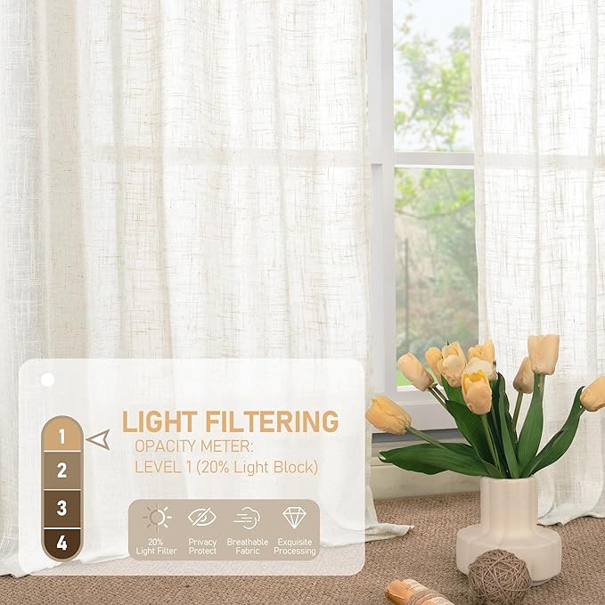 LAMIT Semi Sheer Cream Linen Curtains 36 Inch Length 2 Panels, Light Filtering Panels Back Tab and Rod Pocket Neutral Drapes for Bathroom/Kitchen/Loft Room, 34 x 36 Inch