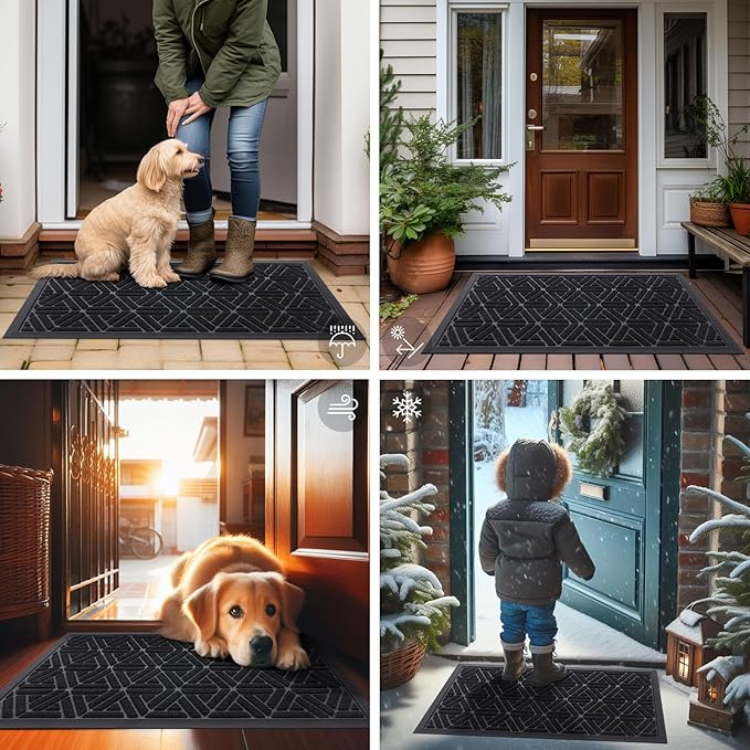 Smiry Front Door Mat Outside Entrance, Heavy Duty Sturdy Natural Rubber Doormat, Trap Dirt and Moisture, Easy Clean Low Profile Mats for Indoor Outdoor Entry, Grid Geometric (35x23, Black)