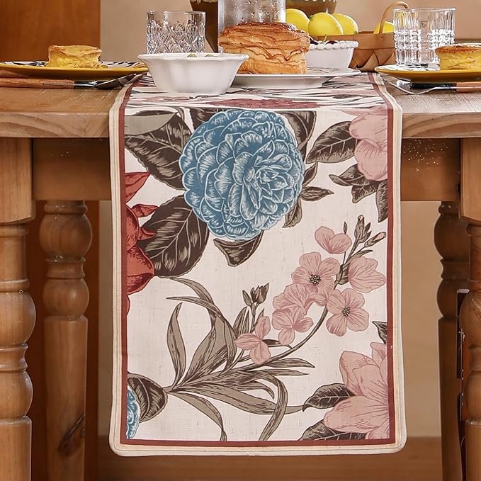 Linen Fall Table Runner 71 Inches Long,Vintage Rustic Farmhouse Blue and Red Flower Table Runners,Table Decoration for Christmas Thanksgiving Home Party Kitchen.12*71"-Burgundyred