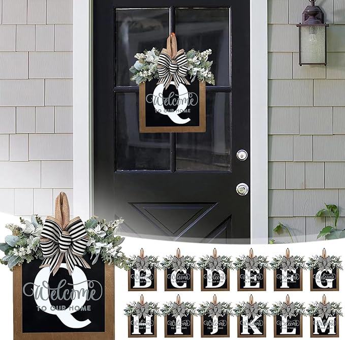 Last Name Year Round Front Door Wreath Front Porch Decoration 26 Letter Welcome Sign with Eucalyptus Garland and Bow Spring Wreaths for Front Door Outside Hanger Garland（Q）