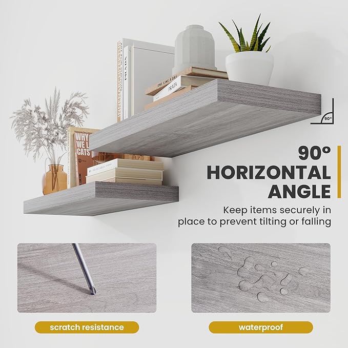 30 Inch Floating Shelves, 9.3" Deep Floating Shelf Wall Mounted, 30" Wall Shelves, Rustic Deep Bookshelf, Large Display Shelves & Storage Shelves for Bedroom, Living Room, Gray, Set of 2