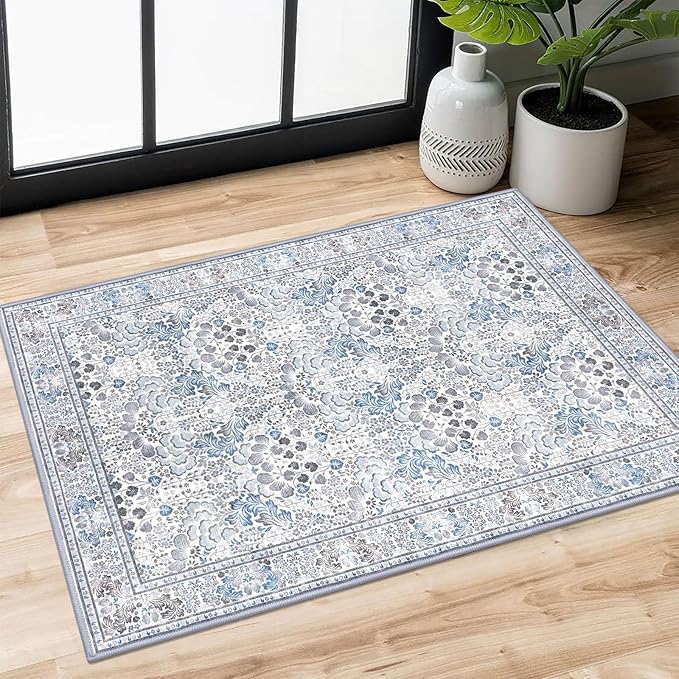 2x3 Washable Area Rug, Grey Blue Soft Rug for Entryway, Non-Slip Indoor Door Mat Boho Low-Pile Kitchen Rugs, Floor Modern Carpet for Entrance Kitchen Bedside Farmhouse