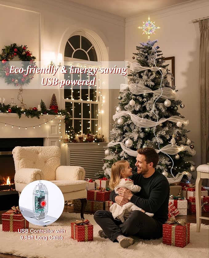 Luxspire Christmas Tree Topper, Lighted Star Tree Topper with USB Plug-in & Remote Control, 11" LED Acrylic Christmas Decorations Light, Xmas Trees Ornament for Home Party, Bethlehem Star-Warm Light