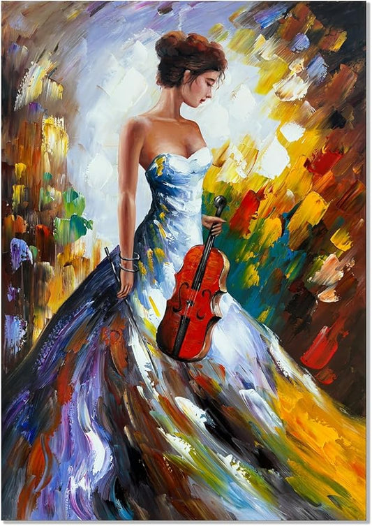 zoinart Hand Painted Modern 3D Oil Paintings on Canvas Wall Art 28x40 Inches Fiddler Girl Abstract Vertical Wall Art Large Framed Artwork for Home Decorations Wall Decor