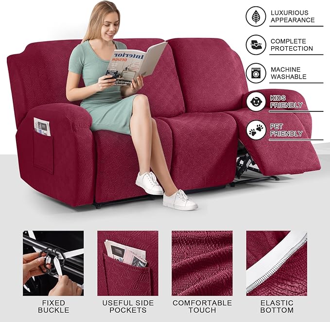 Timeles Recliner Covers for 3 Seater Reclining Sofa Slipcover Furniture Protector for Dogs and Pets Stretch Soft Washable (Three-Seater, Burgundy)