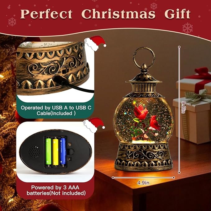 Cardinal Christmas Snow Globe, Cardinal Musical Snow Globe Lantern Lights with 6H Timer Battery & USB Powered, Retro Style Holiday Glitter Globe for Xmas Home Decoration Holiday Party Gifts