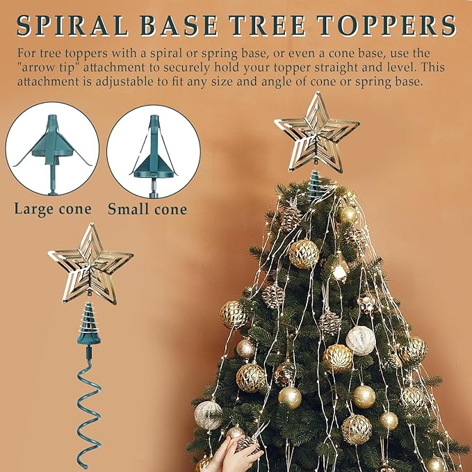 Upgraded Christmas Tree Topper Holder, Universal Twist-on Tree Topper Stabilizer with Adjustable Attachment for Stabilizing Treetop Ornaments, Fits Most Treetops Types