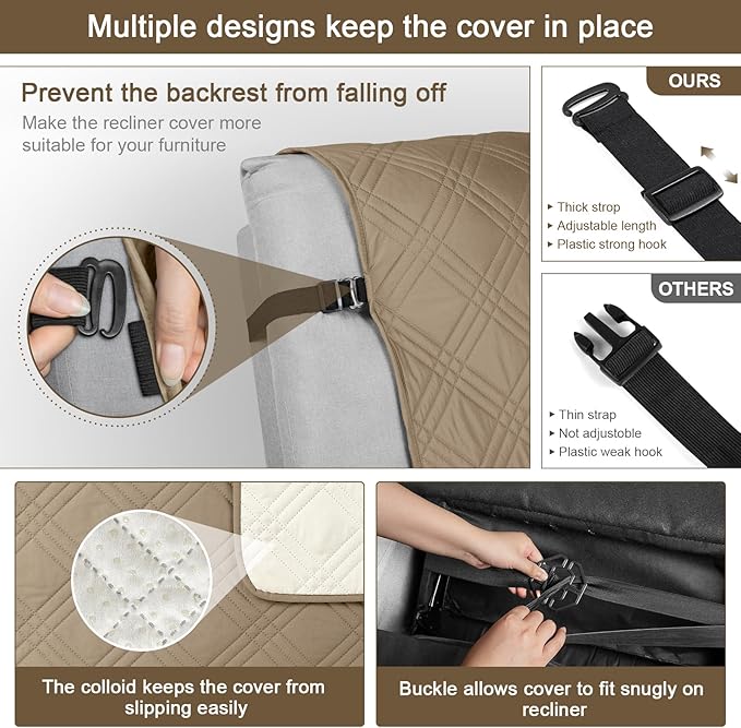 TAOCOCO Waterproof Recliner Chair Covers 30 Inch Wide, Oversized Recliner Covers for Recliner Chair with Pocket, Recliner Slipcovers with Straps Furniture Protector for Kids Pets (30'', Camel)