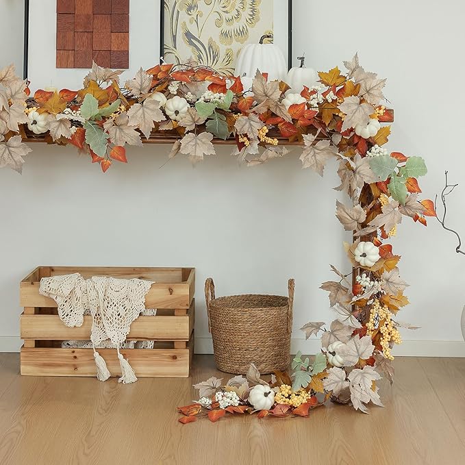 MIZII Fall Decor Artificial Maple Leaf Pumpkin Garland 6FT Fake Autumn Vines Garland Thanksgiving Halloween Harvest Decorations for Porch Mantle Table Centerpieces Fireplace Farmhouse (White PK)
