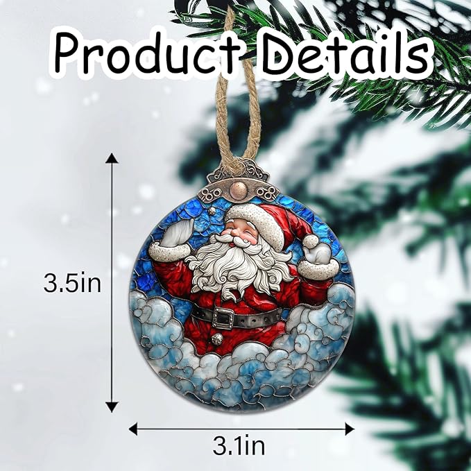 Stained Glass Christmas Decorations, Red Man Santa Claus Blue Cloud Suncatcher for Window Christmas Tree Hanging Ornaments Sun Catcher Xmas Decor Gifts for Women Men Mom Nana Friend