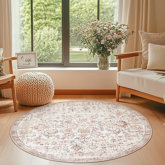 jinchan Kalen Round Rug 4ft Area Rug Washable Vintage Indoor Retro Accent Entryway Floor Cover Distressed Floral 4' Round Circle Boho Non Slip Thin Carpet for Bedroom Living Room Dining Room Red