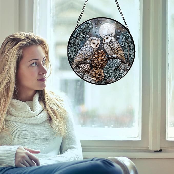 Stained Glass Window Hanging - Owl On A Tree Suncatcher for Doors Garden Patio Winter Scene Sun Catchers Decor Christmas Mother's Day Birthday Gifts for Women Men Mom Nana Friend 15 in