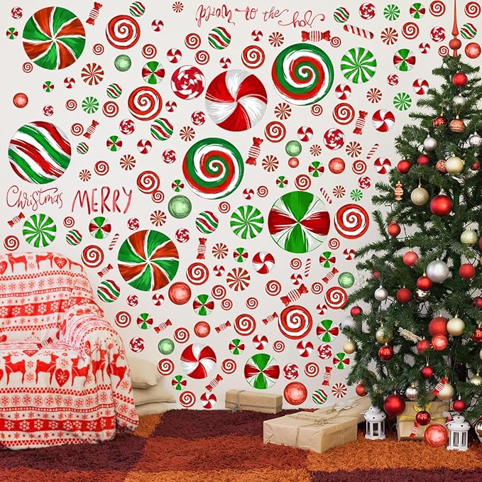 211 Pcs 6 Sheets Christmas Candy Decals Peppermint Wall Stickers Removable Oil Red and Green Candy Stickers Christmas Window Clings for Indoor Living Room Bedroom Nursery Decor