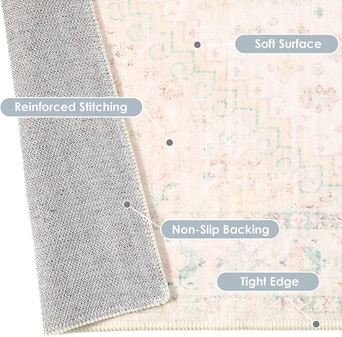 MUJOO Round Rugs 5ft,Circle Area Rug Washable,Circular Rugs for Living Room Dining Room,Boho Non Slip Throw Carpet Light Pink and Green
