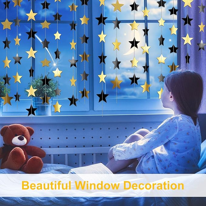 Patelai Glitter Star Garland Banner 2026 New Years Decor 130 Feet Star Hanging Banner Twinkle Backdrop for Birthday Classroom Wedding Christmas Party Supplies(Black, Gold)