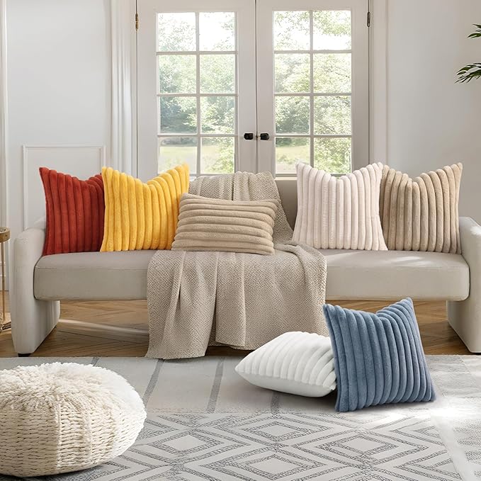 decorUhome Faux Fur Christmas Throw Pillow Covers 20x20 Set of 2, Decorative Soft Plush Striped Neutral Couch Euro Pillow Covers with Velvet Back for Sofa, Bed, Living Room Home Decor, Mustard Yellow
