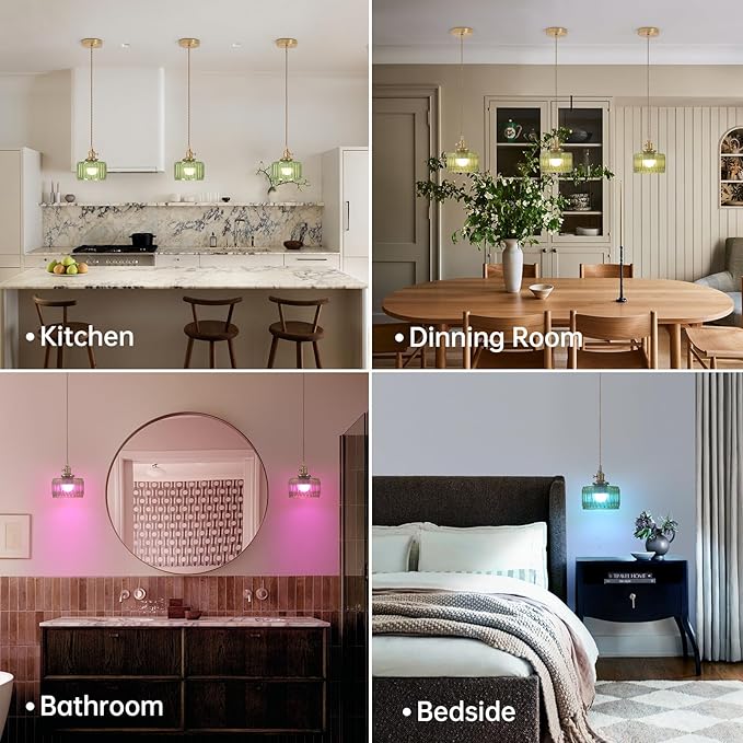 Battery Operated Pendant Light 5000mAh Rechargeable Chandelier with Remote Control Wireless Adjustable Hanging Green Striped Light for Kitchen Island Dining Room Hallway, 2 Pack