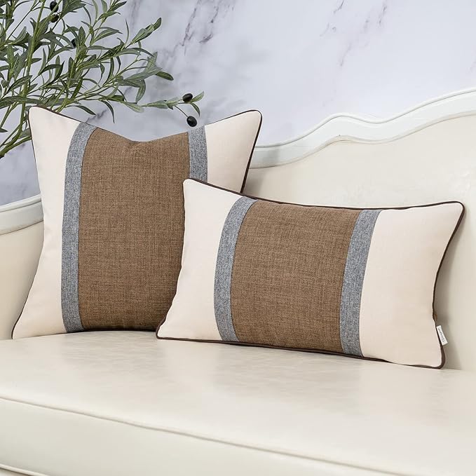 Yangest Patchwork Pillow Cover 18x18 Inch Luxury Cotton and Linen Cushion Cover Square Pillowcover for Couch Bedroom Living Room, Brown