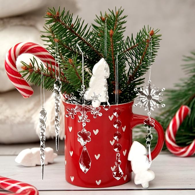 40pcs Christmas Ornaments Set for Tree Decorations- Hanging Acrylic Crystal Snowflake Christmas Decorations Icicle Drop Ornaments for Winter Christmas Tree New Year Party Supplies