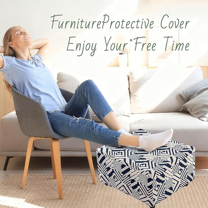 HAOYONG Ottoman Cover Square, Stretch Ottoman Slipcover Printed, SoftFoot Stool Cover Protector with Nonslip Elastic Bottom Removable Washable