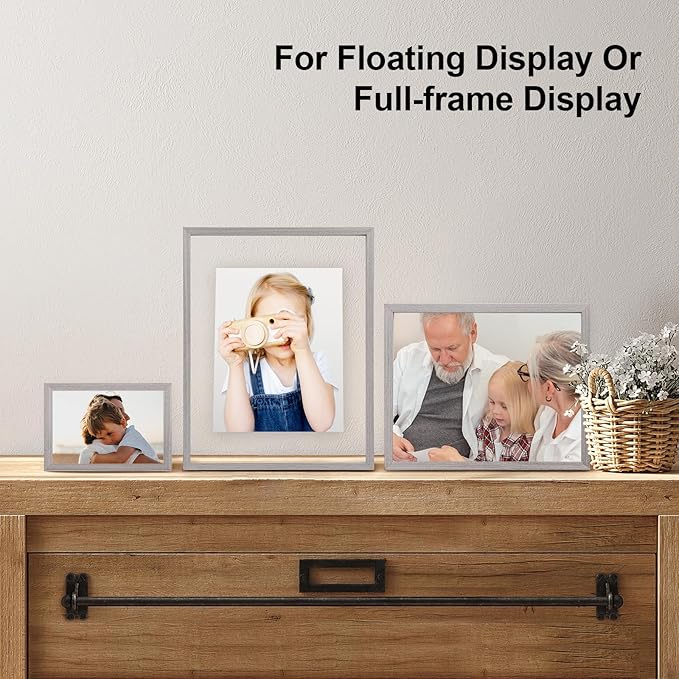 Egofine 12x12 Floating Frames Set of 2, Double Plexiglass Picture Frame, Made of Solid Wood Display Any Size Photos up to 12x12, Wall Mount or Tabletop Standing, Light Grey