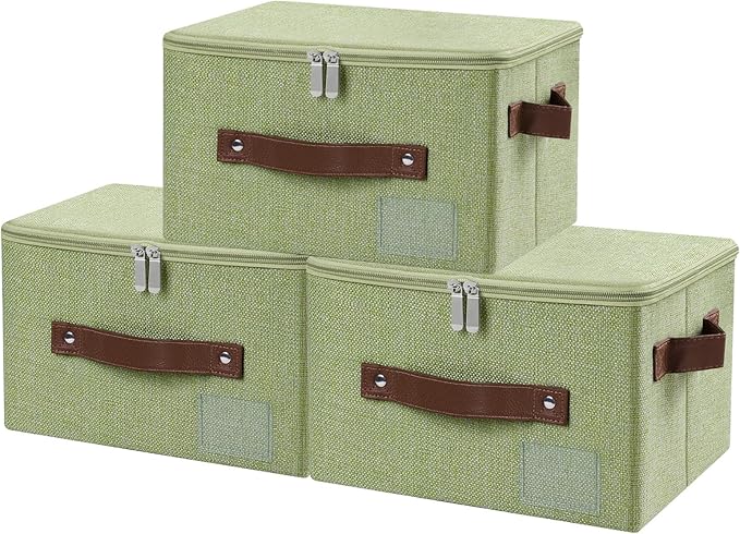 ANMINY 3PCS Storage Bins with Zipper Lid Storage Boxes with Label Holder PU Leather Handles Washable Foldable Decorative Lidded Cotton Linen Fabric Cubes Baskets Closet Organizer - Green, Small