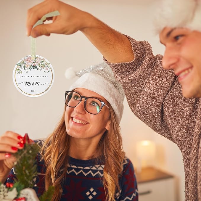 First Christmas as Mr and Mrs Ornament 2025,1st Year Wedding Ornament for Newlywed,Our First Married Christmas Ornament,Ceramic Hanging Decoration for Couples Just Married with Gift Box&Ribbon 2.9"